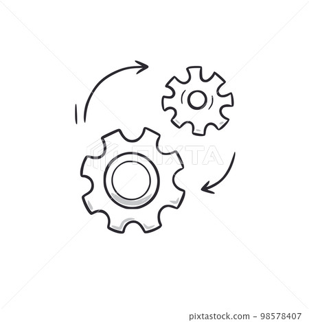 Gear mechanism doodle. Gear wheel hand drawn sketch style icon. Technology engine, idea, team doodle drawn concept. 98578407