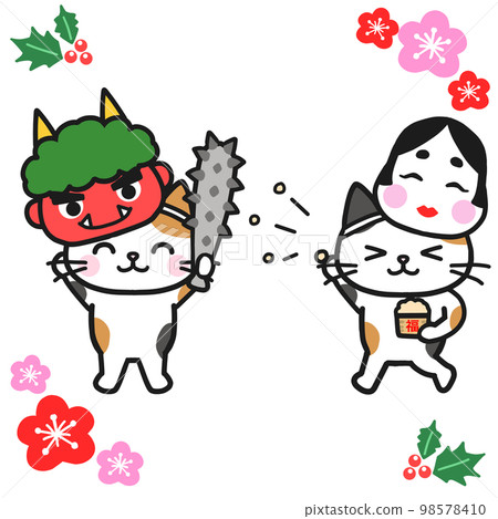 A friendly calico cat enjoying bean-scattering on Setsubun A friendly calico cat enjoying bean-scattering on Setsubun 98578410