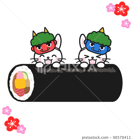 Setsubun ingredients: Rabbits wearing demon masks and biting into ehomaki rolls 98578411