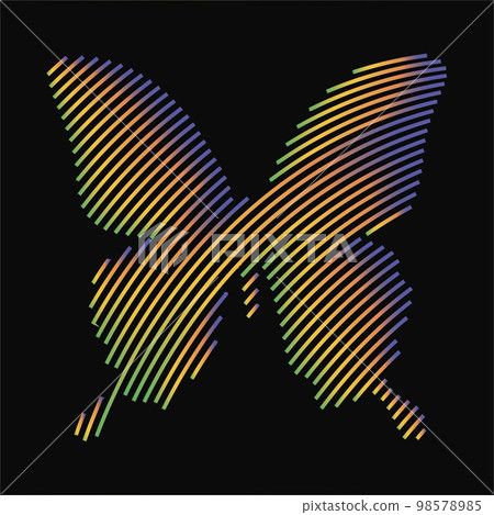 Unusual abstract butterfly logo vector illustration, rainbow stripes lines on a black background, for design, decor, print, decoration, cards. Beautiful colorful insect, butterfly papilio icon symbol. Unusual abstract butterfly logo vector illustration, rainbow stripes lines on a black background, for design, decor, print, decoration, cards. Beautiful colorful insect, butterfly papilio icon symbol. 98578985