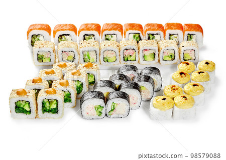 Set of delicious sushi rolls for Japanese style friendly party Set of delicious sushi rolls for Japanese style friendly party 98579088