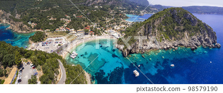 Greece. Corfu island best beaches. Stunning Paleokastritsa bay with turquoise sea. Aerial drone view 98579190