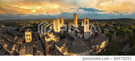 San Gimignano - one of the most beautiful medieval towns in Tuscany, Italy.  aerial view 98579201