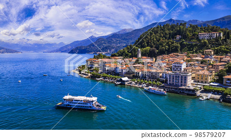 One of the most beautiful lakes of Italy - Lago di Como. aerial panoramic view of beautiful Bellagio One of the most beautiful lakes of Italy - Lago di Como. aerial panoramic view of beautiful Bellagio 98579207
