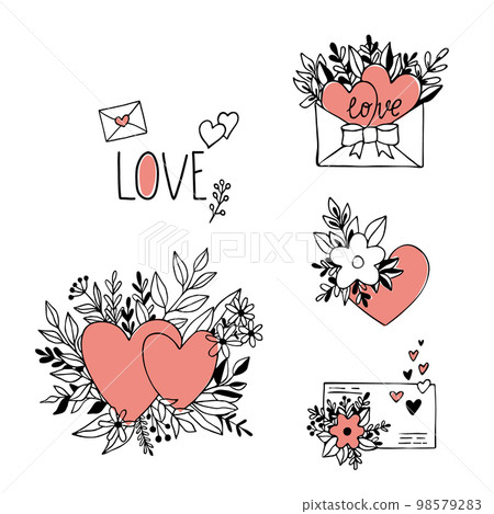Set with Doodle elements on theme of Valentines day. Traditional symbols, heart, bouquet and envelope. Vector illustration sketch black outline 98579283
