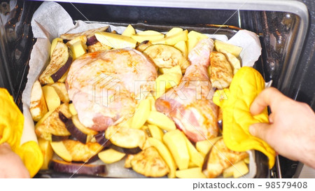 We are preparing a fried turkey leg with potatoes. View from above. Selective focus. We are preparing a fried turkey leg with potatoes. View from above. Selective focus. 98579408