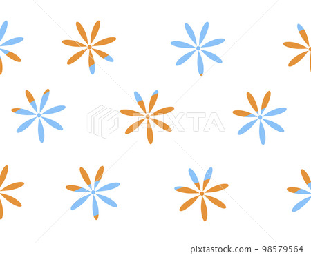Seamless simple flat pattern with light blue and orang spring flowers on a white background. Seamless simple flat pattern with light blue and orang spring flowers on a white background. 98579564