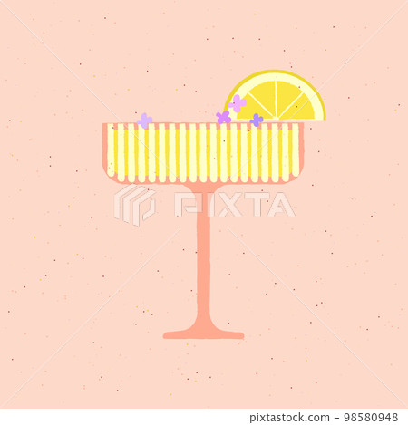 Cocktail dessert glass with lemon and flowers. Retro bright simple poster 98580948
