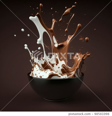 Milk, chocolate, milkshake, coffee, cacao splash. Hot chocolate with milk swirl pouring and splashing in the bowl. 98581098