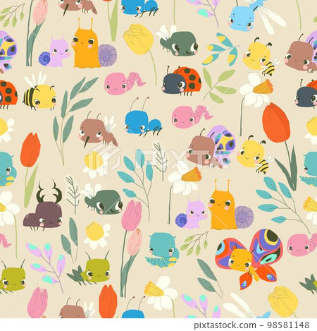 Seamless Pattern with Cute Baby Insects, Flowers and Plants 98581148