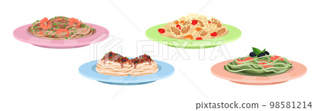 Different Pasta Served on Plate with Garnish Vector Set 98581214