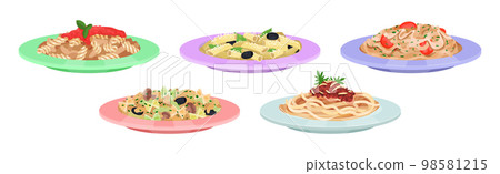 Different Pasta Served on Plate with Garnish Vector Set 98581215