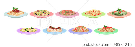 Different Pasta Served on Plate with Garnish Vector Set 98581216
