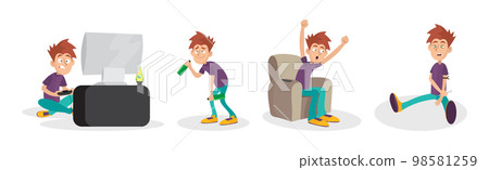 Man Character Having Bad Habits Playing Video Game, Drinking Alcohol and Taking Drugs Vector Illustration Set. Man Character Having Bad Habits Playing Video Game, Drinking Alcohol and Taking Drugs Vector Illustration Set. 98581259