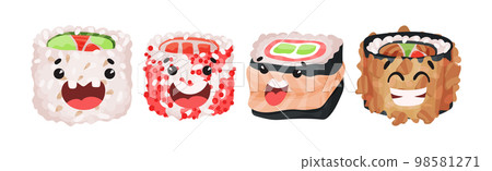 Kawaii Sushi with Rice and Fish Having Smiling Faces Vector Set Kawaii Sushi with Rice and Fish Having Smiling Faces Vector Set 98581271