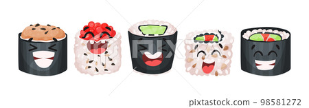 Kawaii Sushi with Rice and Fish Having Smiling Faces Vector Set Kawaii Sushi with Rice and Fish Having Smiling Faces Vector Set 98581272