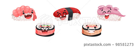 Kawaii Sushi with Rice and Fish Having Smiling Faces Vector Set Kawaii Sushi with Rice and Fish Having Smiling Faces Vector Set 98581273