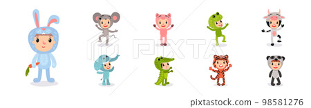 Cute Kid Characters Wearing Animal Costumes Vector Illustration Set 98581276