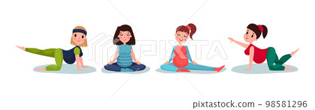 Young Pregnant Woman Doing Different Activity Vector Illustration Set 98581296