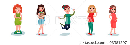 Young Pregnant Woman Doing Different Activity Vector Illustration Set 98581297