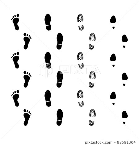 Human Footprints. Set of Footprints with bare feet, boots and womens shoes. Vector illustration. 98581304