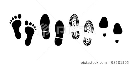 Human Footprints. Set of Footprints with bare feet, boots and womens shoes. Vector illustration. 98581305