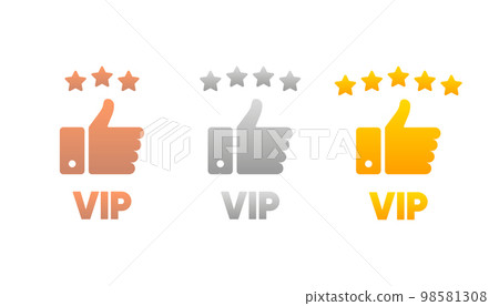 Set VIP badges in gold, silver and bronze color. Exclusive Round labels. Three vip level. Vector illustration. 98581308