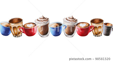 Watercolor bordure with coffee in porcelain and glass cups. Hand painting espresso, americano, latte, raff, take away coffee, mocha on a white isolated background. For designers, menu, shop, bar 98581320