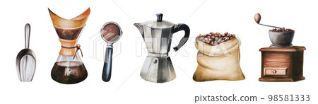 Watercolor illustration set for making coffee. Include geyser coffee maker, jute coffee bag. Hand painting on a white isolated background. For designers, menu, shop, bar, bistro, restaurant, for Watercolor illustration set for making coffee. Include geyser coffee maker, jute coffee bag. Hand painting on a white isolated background. For designers, menu, shop, bar, bistro, restaurant, for 98581333