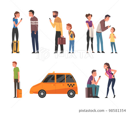 People Characters Hiring Taxi Via Service and Smartphone App Vector Set People Characters Hiring Taxi Via Service and Smartphone App Vector Set 98581354