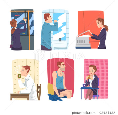 Man and Woman Office Employee Day Routine Scene Vector Set 98581382