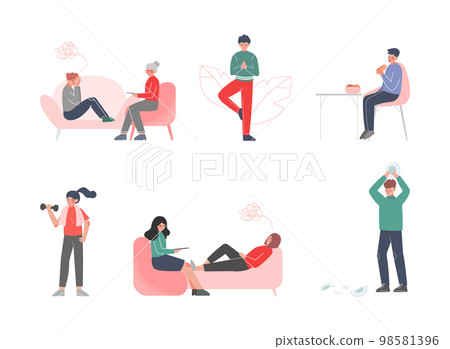 People Characters Caring about their Mental Health Vector Set People Characters Caring about their Mental Health Vector Set 98581396
