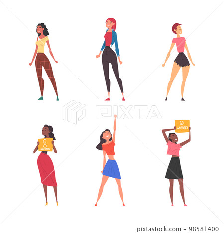 Female Activists with Placard Fighting for Rights Vector Set 98581400