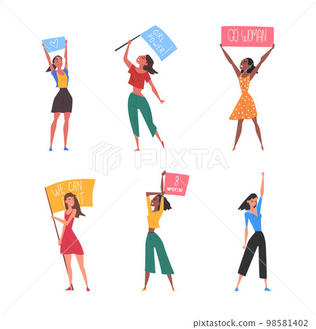Female Activists with Placard Fighting for Rights Vector Set 98581402
