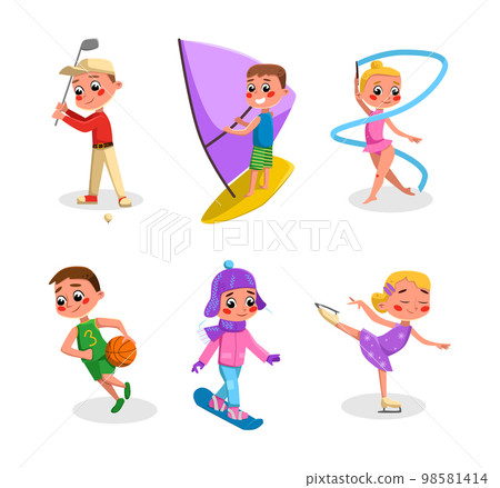 Happy Children Playing Sport and Doing Physical Activity Vector Set 98581414