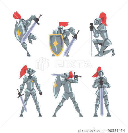Armored Knights as Medieval Warrior or Soldier in Metal Helmet and Sword Vector Set Armored Knights as Medieval Warrior or Soldier in Metal Helmet and Sword Vector Set 98581434