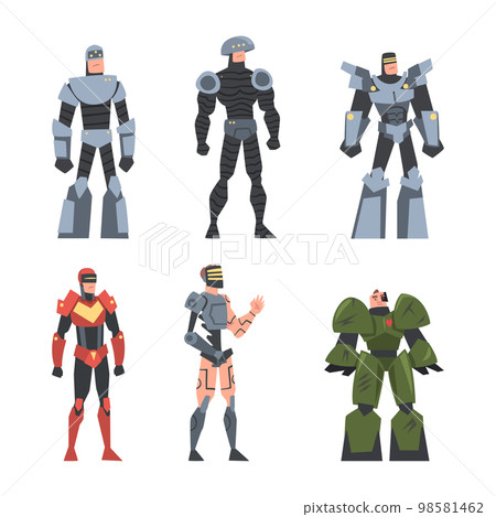 Cyborg Soldiers in Robot Costumes Standing Pose Vector Set 98581462