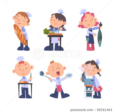 Little Boy and Girl Chef Character in Toque Cooking Food Vector Set Little Boy and Girl Chef Character in Toque Cooking Food Vector Set 98581463