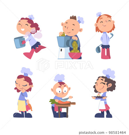 Little Boy and Girl Chef Character in Toque Cooking Food Vector Set Little Boy and Girl Chef Character in Toque Cooking Food Vector Set 98581464
