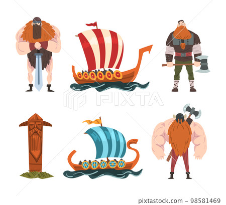 Viking Male Character with Weapons and Drakkar Ship or Boat Vector Set Viking Male Character with Weapons and Drakkar Ship or Boat Vector Set 98581469