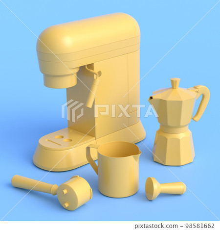 Espresso coffee machine with horn and geyser coffee maker on monochrome. Espresso coffee machine with horn and geyser coffee maker on monochrome. 98581662