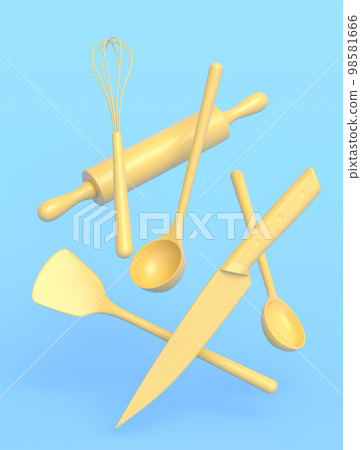 Wooden kitchen utensils, tools and equipment on monochrome background. 98581666