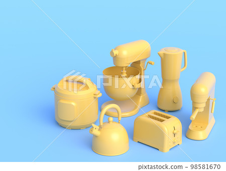 Kitchen appliances and utensils for making breakfast on monochrome background 98581670