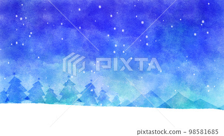 Watercolor illustration of winter hills with snow on blue sky 98581685