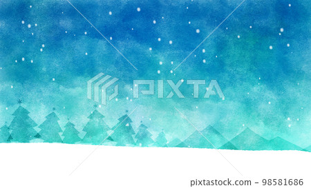 Watercolor illustration of snowy winter hills against emerald green sky 98581686
