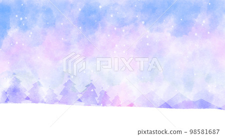 Watercolor illustration of snowy winter hills against a fantastic pink sky 98581687