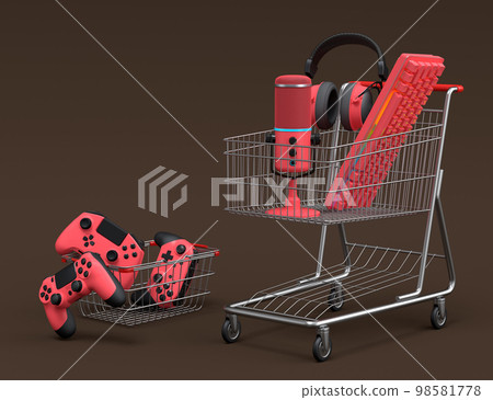 Gamer gears like keyboard, joystick, headphones, VR glasses, microphone in shopping carts on dark background. 3d render concept of sale, shopping and delivery of accessories for live streaming 98581778