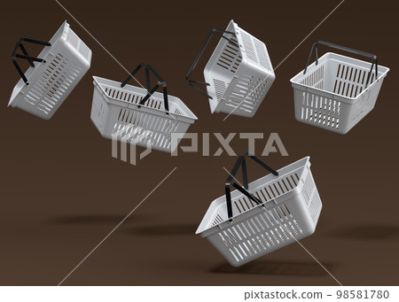 Set of flying metalwire shopping basket from supermarket on dark background. 3d render concept of online shopping and black friday sale 98581780
