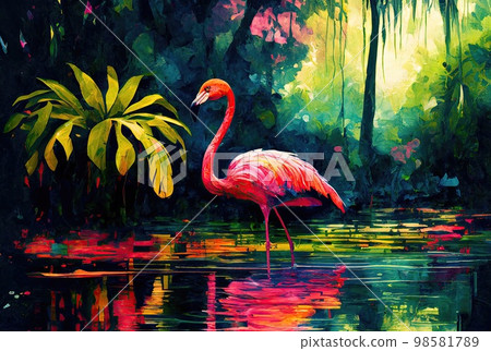 flamingo in water colors stands in the water 98581789