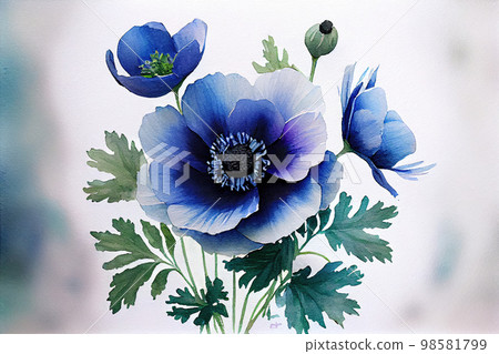 beautiful painted bouquet of blue anemones 98581799